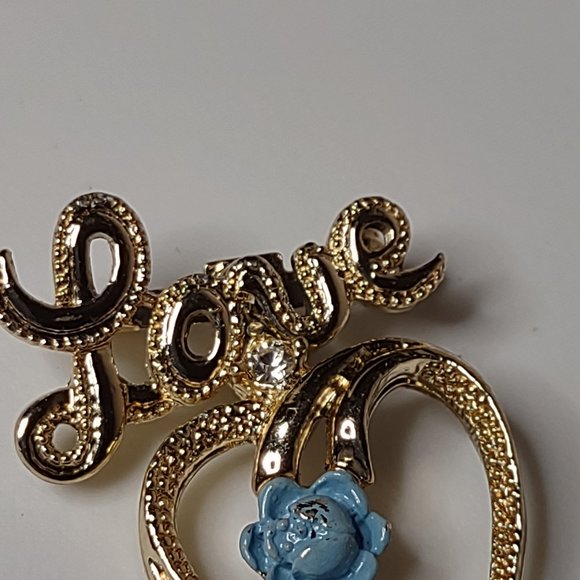 Vintage Gerry's Gold Tone Love Brooch With Blue Flower - Picture 6 of 14